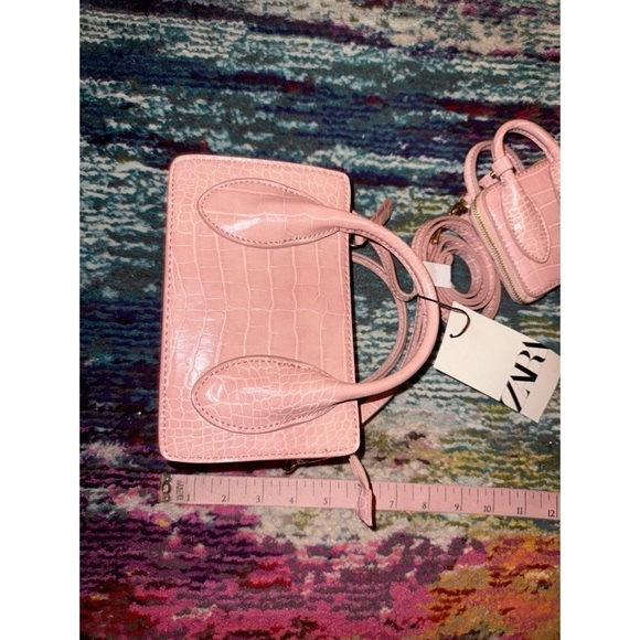 Zara Pastel Light Pink Croc Faux Leather Crossbody Mini Bag & Coin Purse Set - Picture 9 of 11